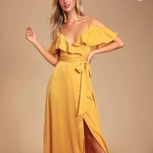 Lulus: Moriah Mustard Yellow Satin Wrap Maxi Dress